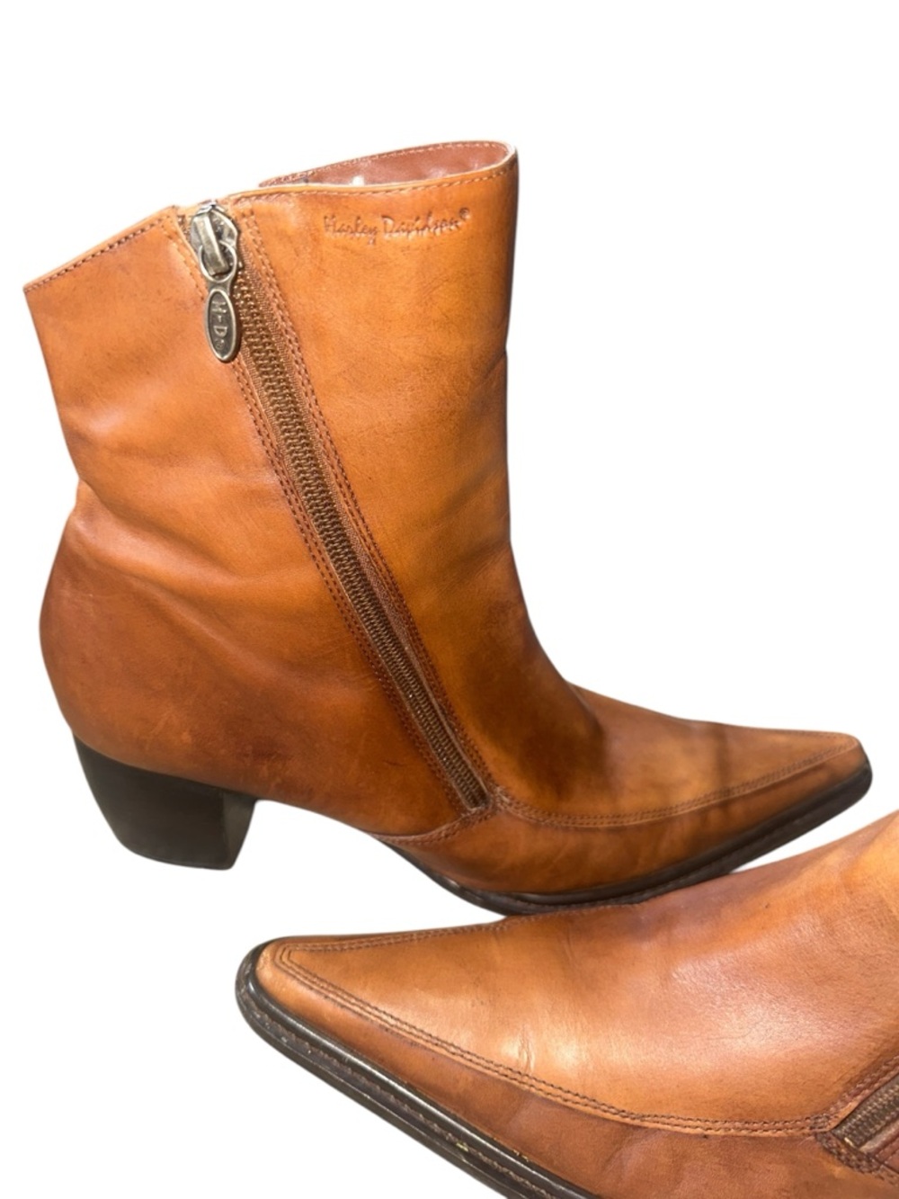 Harley-Davidson Brown Leather Dual Zip Up Squared Pointed Toe Boots Sz 9 - Picture 7 of 13